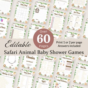 May include: A set of printable baby shower games featuring safari animals. The games include "Baby Bingo", "Bucket List", "Mom or Dad?", "Your Phone", "Over or Under", "ABC", "Candies are in the Jar", "Baby Trivia", "Baby Predictions", "Mad Libs", "Mommy-to-be?", "Baby Shower", "Right!" and "Emoji Pictionary". The games are designed to be printed and played at a baby shower.