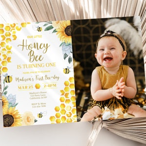 Bee Birthday invitation with Photo Bee Day Invitation with Picture Bee and Sunflower Birthday Party Invitation ANY AGE Instant EDITABLE B03