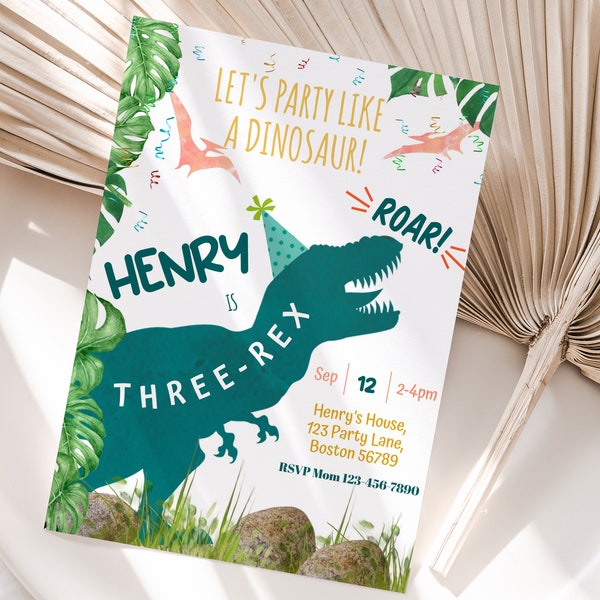 Editable Dinosaur Birthday Invitation Template T-Rex Party Invite Boy 3rd Birthday Party Three-rex Green Dino Wild Safari Roar Instant D02