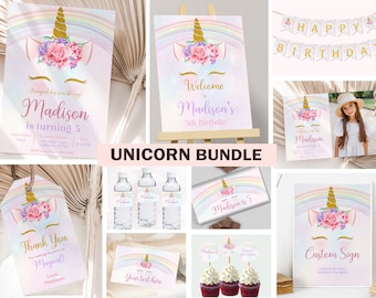 Unicorn Birthday Invitation Bundle Unicorn Party Invitation Rainbow Birthday Party Decorations Girl Theme Decor EDITABLE Instant Digital U01