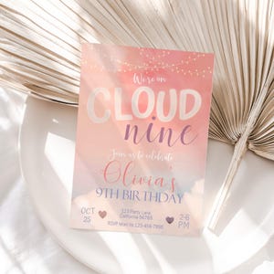 Cloud 9 Birthday Invitation On Cloud Nine Birthday Invitation Girl 9th Birthday Party Pink Cloud 9 Invite EDITABLE Instant Digital C05