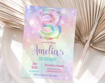 Faire-part pour 3e anniversaire fille, 3e anniversaire, faire-part de fête d'anniversaire arc-en-ciel, troisième anniversaire, invitation de 3 ans, invitation modifiable instantanée R05