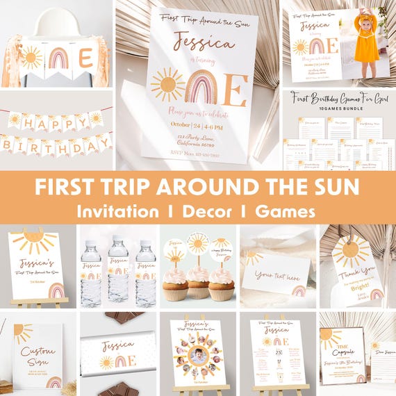 First Trip Around The Sun Birthday Invitation Bundle First Birthday Invite 1st Birthday Theme One Year Around Sun Party Editable Digital S06