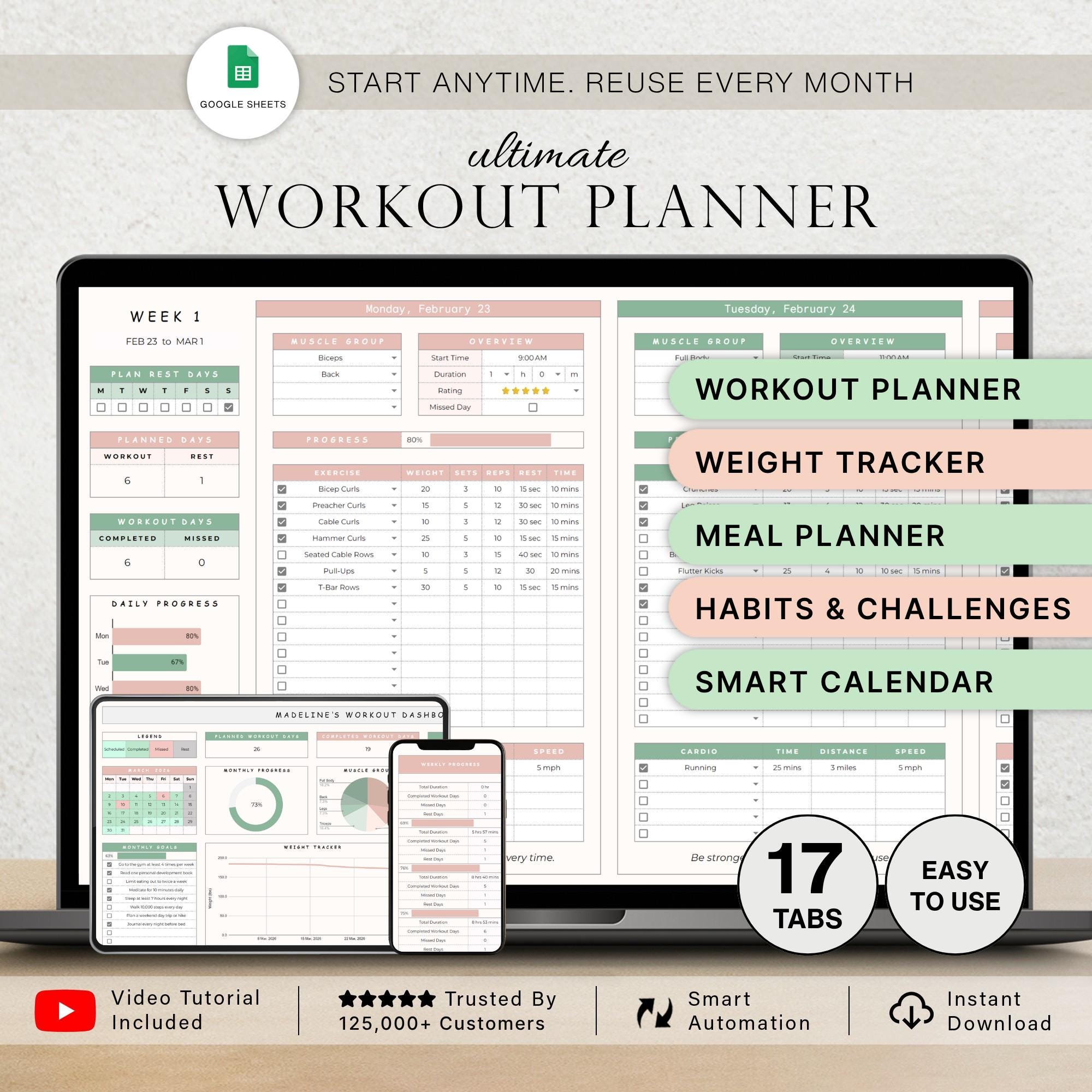Workout Planner Spreadsheet Exercise Tracker Template Fitness Planner ...