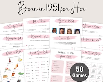 Puede incluir: Un conjunto de juegos de fiesta imprimibles con un tema rosa y negro, que incluyen trivia, bingo y preguntas de 'Would She Rather'. Los juegos están diseñados para una celebración de cumpleaños con el tema de 1951, con el texto "Born in 1951 for Her".
