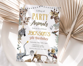 Party Animals Birthday Invitation Wild One Animals Invitation Zoo Safari Animals Jungle Birthday Party Gold Silver EDITABLE Instant P07
