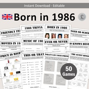 Può includere: Un set di giochi stampabili con il testo "Born in 1986" e una bandiera del Regno Unito. Include quiz, bingo e altri giochi. Il set è etichettato "Download istantaneo - Modificabile" e include 50 giochi.