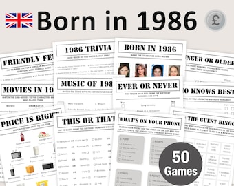 40th Birthday Games UK Bundle British 40th Birthday Party Game 1986 Trivia Born in 1986 40 year Men Women Him Her Pound EDITABLE Digital