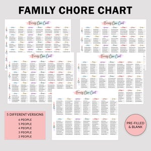 May include: A collection of family chore charts with the text "FAMILY CHORE CHART" at the top. The charts are pre-filled and blank, with options for 2 to 6 people. The charts have a colorful, watercolor-style design.