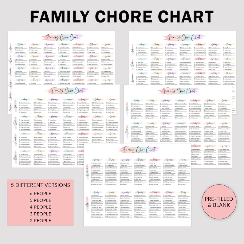 May include: A collection of family chore charts with the text "FAMILY CHORE CHART" at the top. The charts are pre-filled and blank, with options for 2 to 6 people. The charts have a colorful, watercolor-style design.