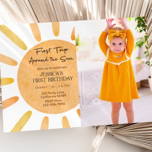 1st Trip Around the Sun Birthday Invitation with Photo First Trip Around the Sun Invitation with Picture 1 year Editable Digital Instant S06