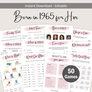 Jeux pour son 60e anniversaire pour femme, 60 jeux de fête d'anniversaire pour elle, né en 1965, lot d'activités quiz quiz de 1965, numérique instantané MODIFIABLE
