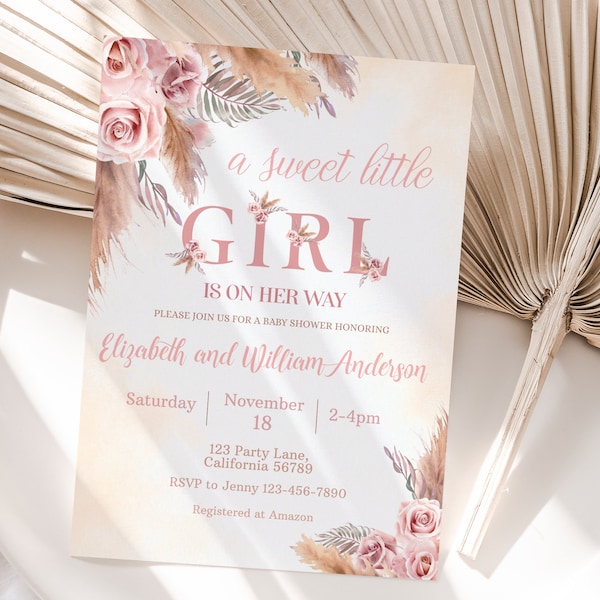 Boho Baby Shower Invitation Pampas Grass Girl Baby Shower Invitation Bohemian Baby Shower Party Invitation Editable Instant Digital PB1