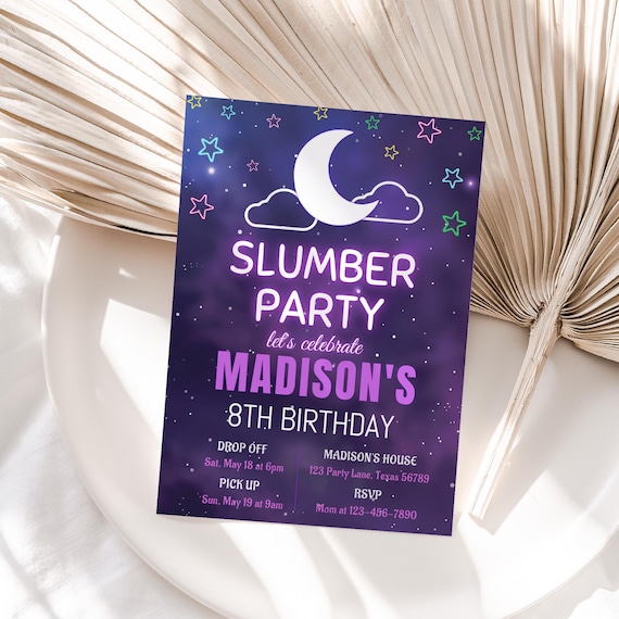 Sleepover Birthday Invitation Slumber Party Invite Teen Girl Pajama Party Invite Glamping Purple Neon Glow EDITABLE Instant Digital S07