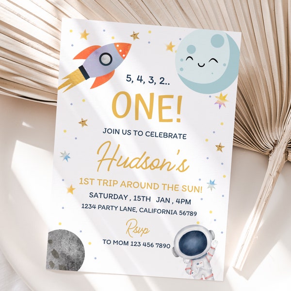 Outer Space First Birthday Invitation First Trip Around The Sun Invite Blast Off 1st Birthday Party Planet Galaxy Boy Astronaut EDITABLE S03