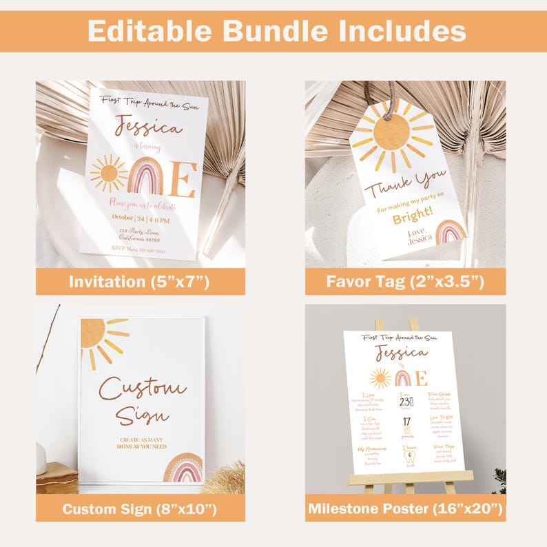 First Trip Around The Sun Birthday Invitation Bundle First Birthday Invite 1st Birthday Theme One Year Around Sun Party Editable Digital S06 image 2