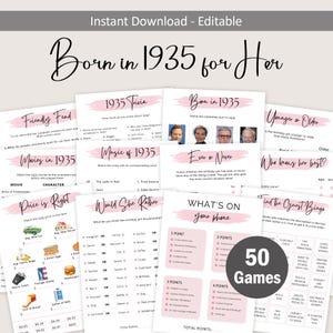 90e verjaardag spelletjes voor vrouwen 90 verjaardagsfeest spelletjes voor haar geboren in 1935 spel 1935 trivia quiz activiteitenbundel direct digitaal BEWERKBAAR