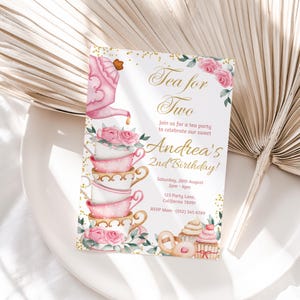 Tea for Two Birthday Invitation Tea for Two Invitation Tea Party 2nd Birthday Invite Second Birthday Pink Gold Floral EDITABLE Instant T01