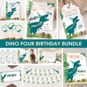 Dinosaur 4th Birthday Invitation Bundle Dino Four Birthday Decorations Dinosaur Party Decor Boy Fourth Theme Invite Sign Kit EDITABLE D02