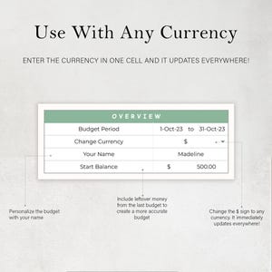 May include: A green and white budget template with the text "Use With Any Currency" and "Enter the currency in one cell and it updates everywhere!"  The template includes a table with the headings "Budget Period", "Change Currency", "Your Name", and "Start Balance". The table has the following data: "1-Oct-23 to 31-Oct-23", "$", "Madeline", and "$500.00".