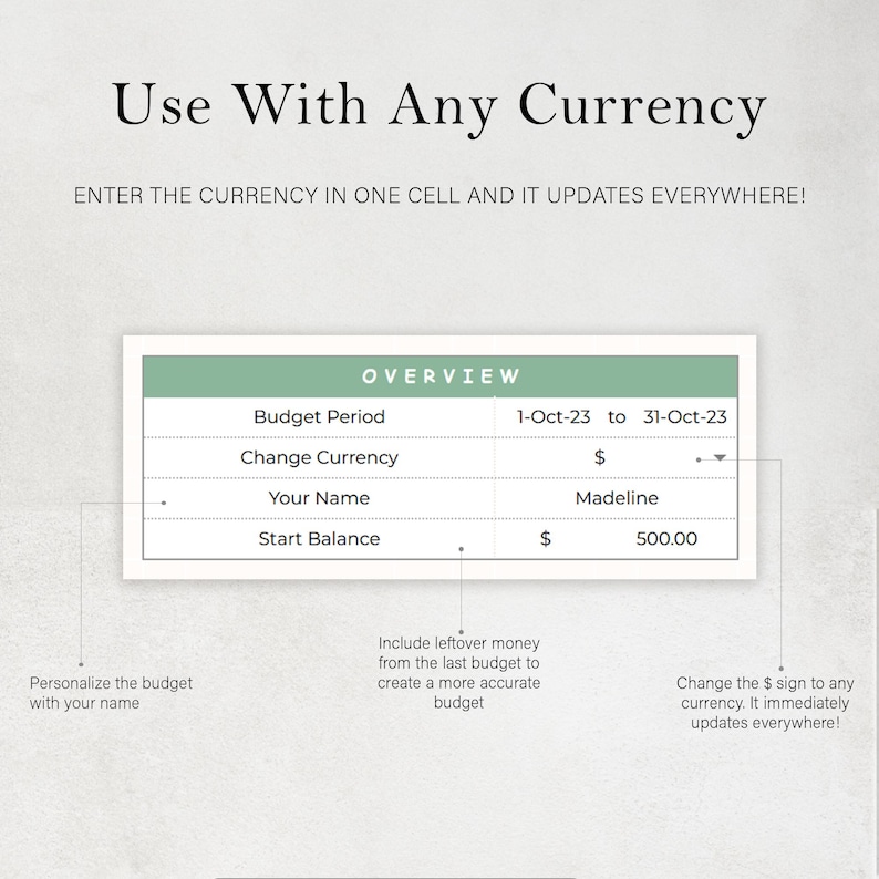 May include: A green and white budget template with the text "Use With Any Currency" and "Enter the currency in one cell and it updates everywhere!"  The template includes a table with the headings "Budget Period", "Change Currency", "Your Name", and "Start Balance". The table has the following data: "1-Oct-23 to 31-Oct-23", "$", "Madeline", and "$500.00".