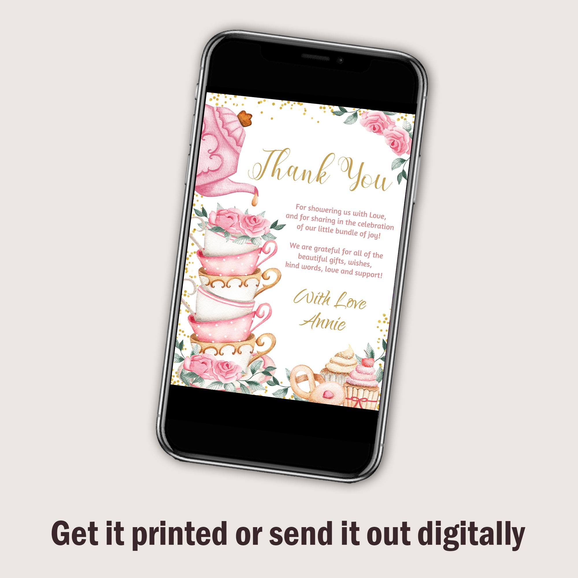 Tea Party Baby Shower Thank You Card Floral Pink Gold Tea Party Baby ...