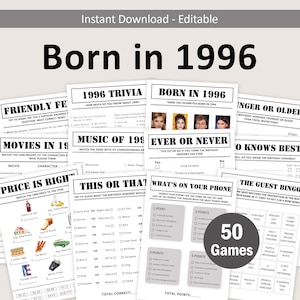 May include: A collection of printable party games with a 1996 theme. The games include trivia, bingo, and 'This or That' questions. The phrase 'Born in 1996' is prominently displayed, along with the words '50 Games'.