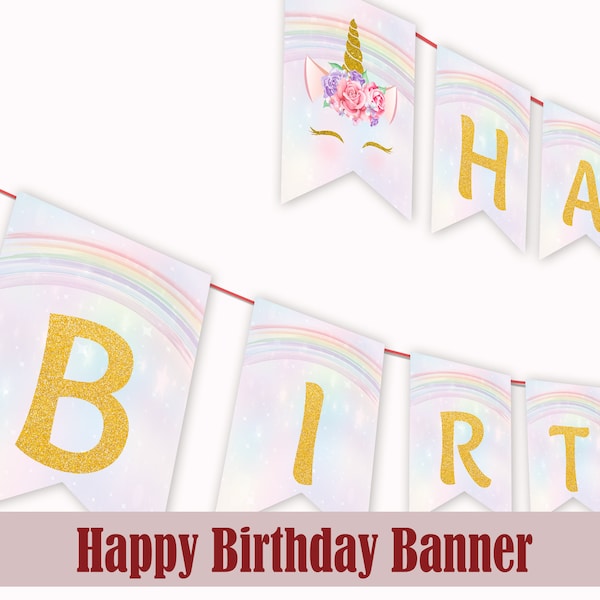 Unicorn Birthday Banner Unicorn Bunting Unicorn Happy Birthday Flags Rainbow Party Decor Garland Decoration Printable Digital Instant U01