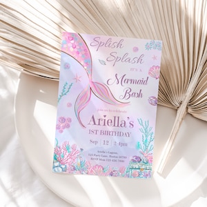 Modèle modifiable d'invitation d'anniversaire de sirène petite sirène sous la mer fille magique rose pourpre inviter téléchargement immédiat imprimable M02