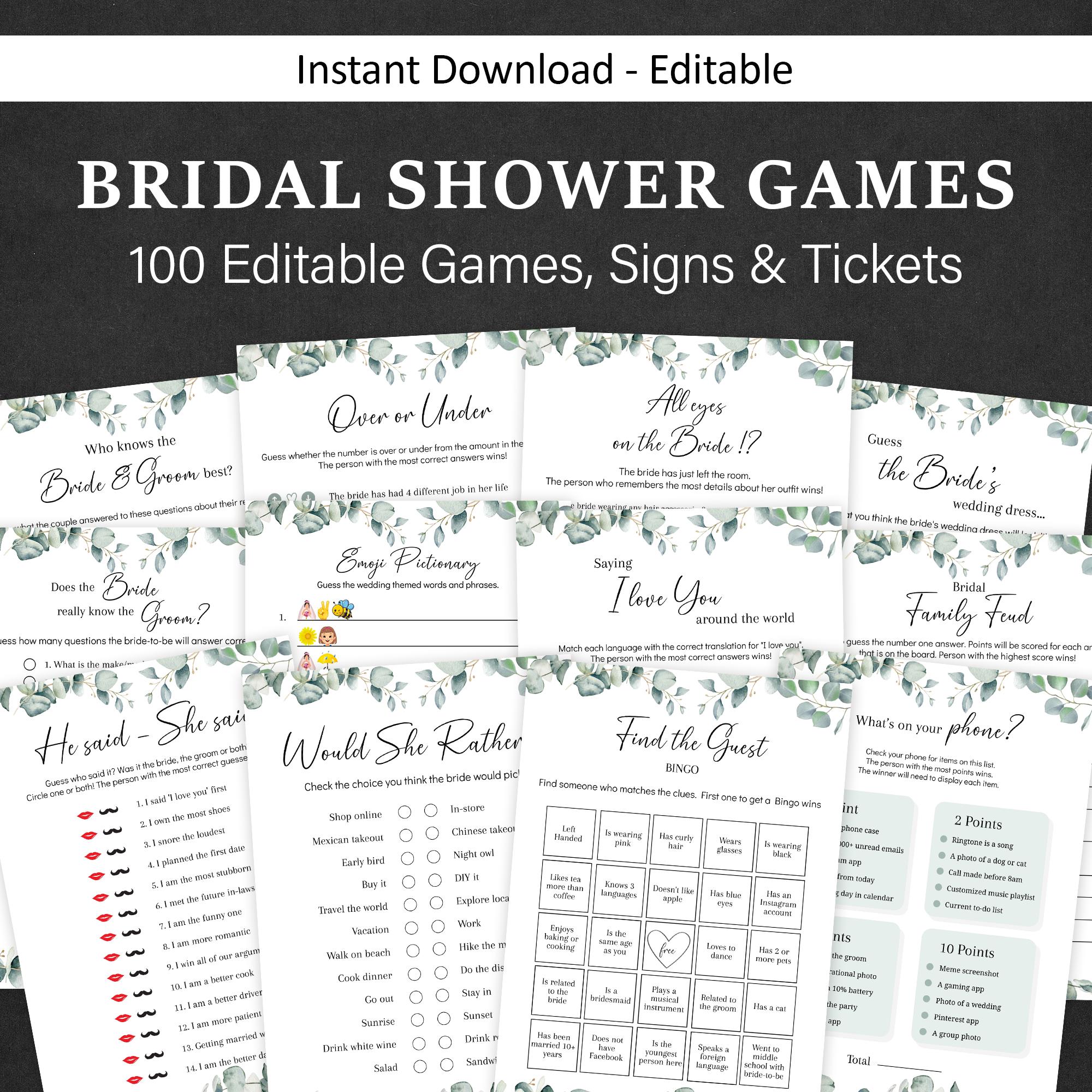 Bridal Shower Games Eucalyptus Wedding Shower Games Greenery Couple Bridal  Shower Bachelorette Games Bride Groom Couples Game EDITABLE - Etsy, image size:2000x2000
