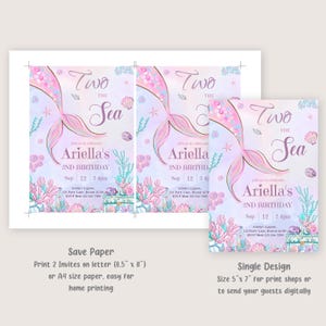 Invitation d'anniversaire de la sirène de la mer 2e anniversaire de la sirène, 2e anniversaire de la deuxième invitation de la fille sous la mer, thème rose MODIFICATION numérique instantanée M02 image 3
