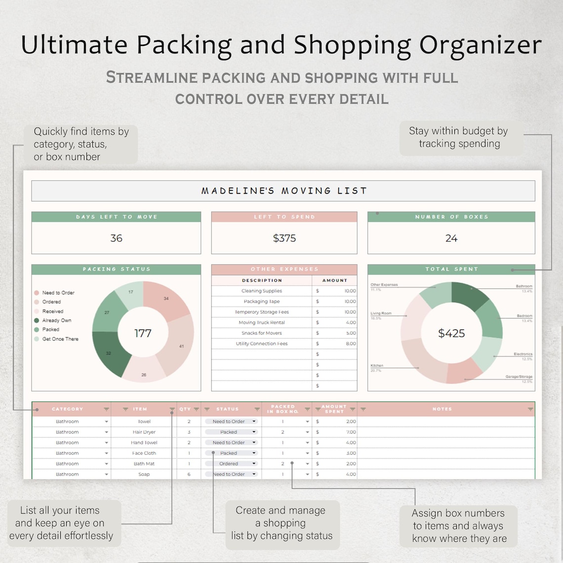 Moving Planner Moving Checklist Spreadsheet Packing Box Inventory ...