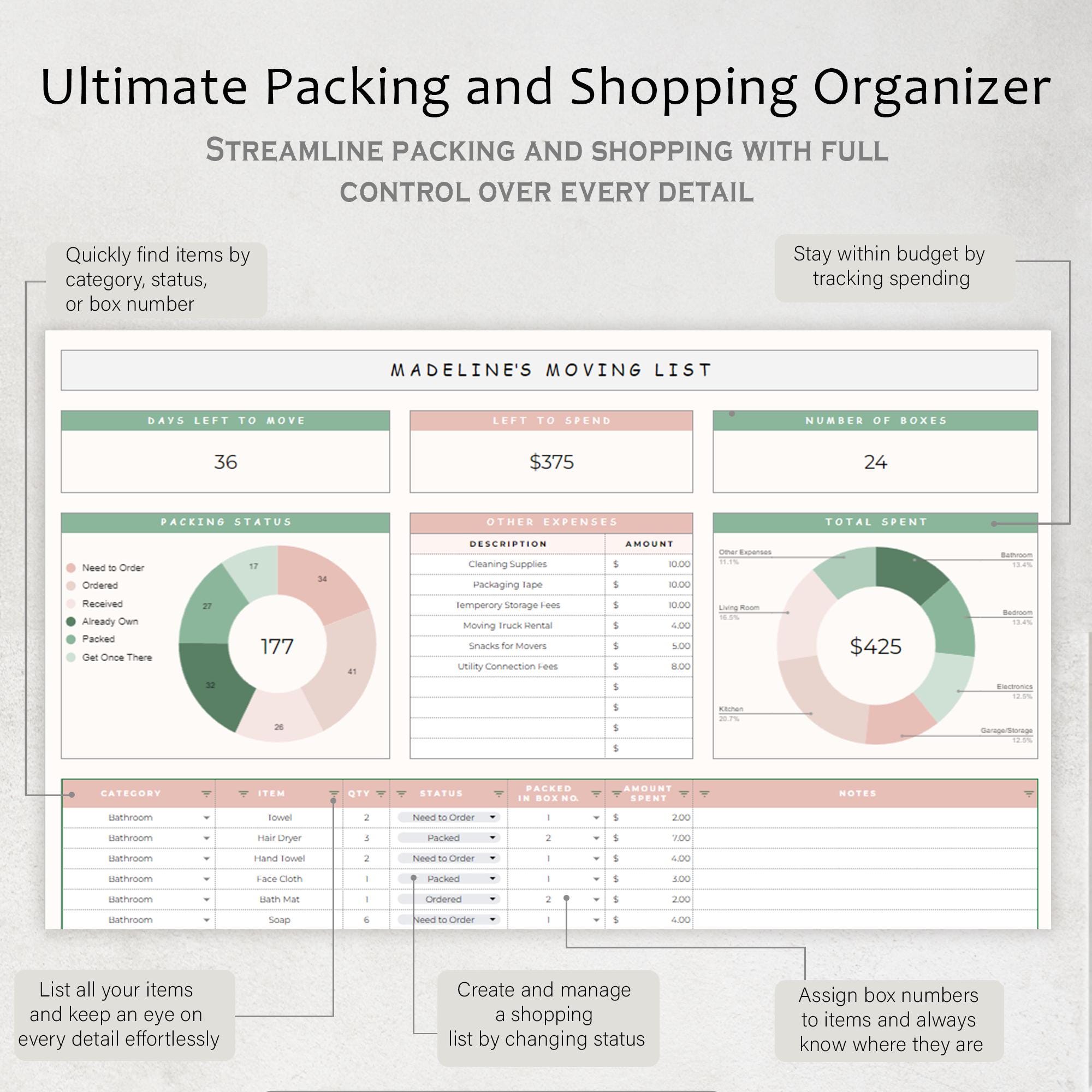 Moving Planner Moving Checklist Spreadsheet Packing Box Inventory ...