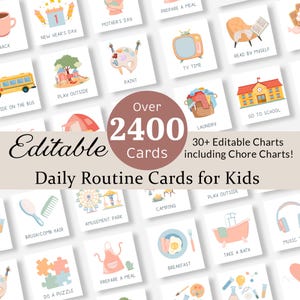 Op de afbeelding: Een verzameling vierkante dagelijkse routinekaarten voor kinderen met kleurrijke illustraties en tekstlabels zoals New Year's Day, Play Outside, Paint, TV Time, Read by Myself, Laundry, Go to School, Brush/Comb Hair en Breakfast.