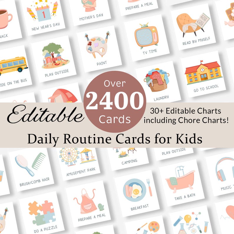 Pu&ograve; includere: Una collezione di carte quadrate per la routine quotidiana dei bambini con illustrazioni colorate ed etichette di testo come New Year's Day, Play Outside, Paint, TV Time, Read by Myself, Laundry, Go to School, Brush/Comb Hair e Breakfast.
