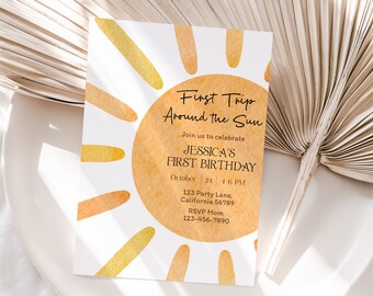 Erste Reise rund um die Sonne Geburtstag Einladung Sun Invite 1. Geburtstag You Are My Sunshine Boho Invite Editierbar Sofortiger digitaler Download S06