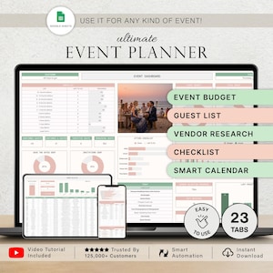 May include: A digital event planner template for Google Sheets displayed on a laptop, tablet, and smartphone. The interface features an event dashboard, checklists, budget trackers, and guest lists in a soft green and pink color scheme with 23 tabs.