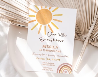 Our Little Sunshine Birthday Invitation You are my Sunshine Party Neutral Boho Rainbow 1st Birthday Invite EDITABLE Instant ANY AGE S06