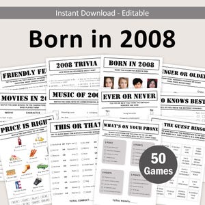 May include: A collection of printable party games with the headline "Born in 2008." The games include trivia, bingo, and "This or That" questions. The design is black and white with a playful font.