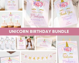 Unicorn Birthday Invitation Bundle Unicorn Party Invitation Rainbow Birthday Party Decorations Girl Theme Decor EDITABLE Instant Digital U01