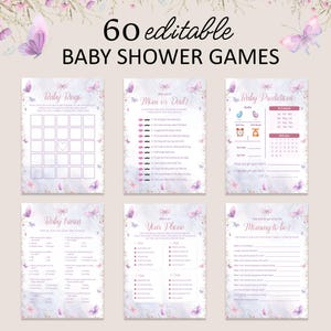Giochi per baby shower con farfalle Pacchetto per baby shower con farfalle viola Una piccola farfalla è in arrivo Scheda di previsione Estrazione a sorte di pannolini Bambina MODIFICABILE