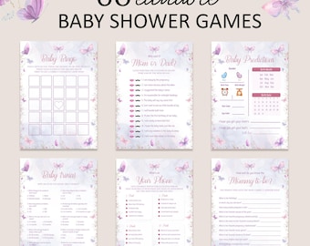 Juegos de baby shower de mariposas Paquete de baby shower de mariposa morada Tarjeta de predicción "Una pequeña mariposa está en camino" Rifa de pañales para niña EDITABLE