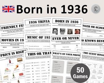 90th Birthday Games UK Bundle British 90th Birthday Party Game 1936 Trivia Born in 1936 90 year Men Women Him Her Pound EDITABLE Digital