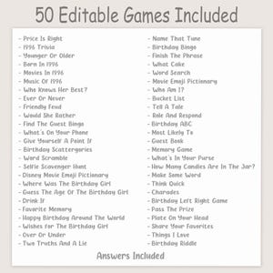 May include: A white card with the text "50 Editable Games Included" and a list of game titles. The games include trivia, bingo, and word games. The words "Answers Included" are at the bottom.