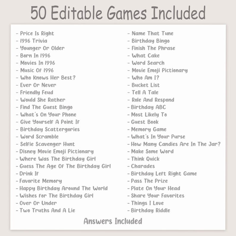 May include: A white card with the text "50 Editable Games Included" and a list of game titles. The games include trivia, bingo, and word games. The words "Answers Included" are at the bottom.