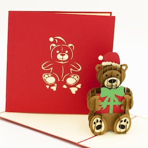 Merry Christmas Pop Up Card, Xmas Pop Up Card, Bear holds Xmas Present Pop-up card, Greeting Card, 3D Card Australia, Origami card