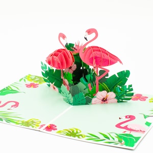 Pink Flamingos in Tropical Paradise 3D Pop up Card, Pop up cards Australia, Birthday Cards, Origami Card for Anniversary, Get Well, Thank U