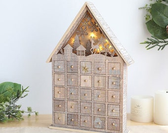SALE! Rustic LED Light Christmas Nativity Advent Calendar House/ 24 Drawers Wooden Look Advent Calendar House/ Countdown Advent Calendar