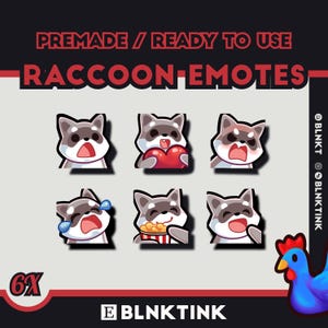 Cute Bold Premade Raccoon Emotes Bundle 6x Pack (1 Animated, 5 static) for Twitch or Discord