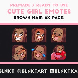 Cute Girl 6x Premade Emote Bundle Pack for Twitch or Discord (Dark Skin, Dark Brown Hair)